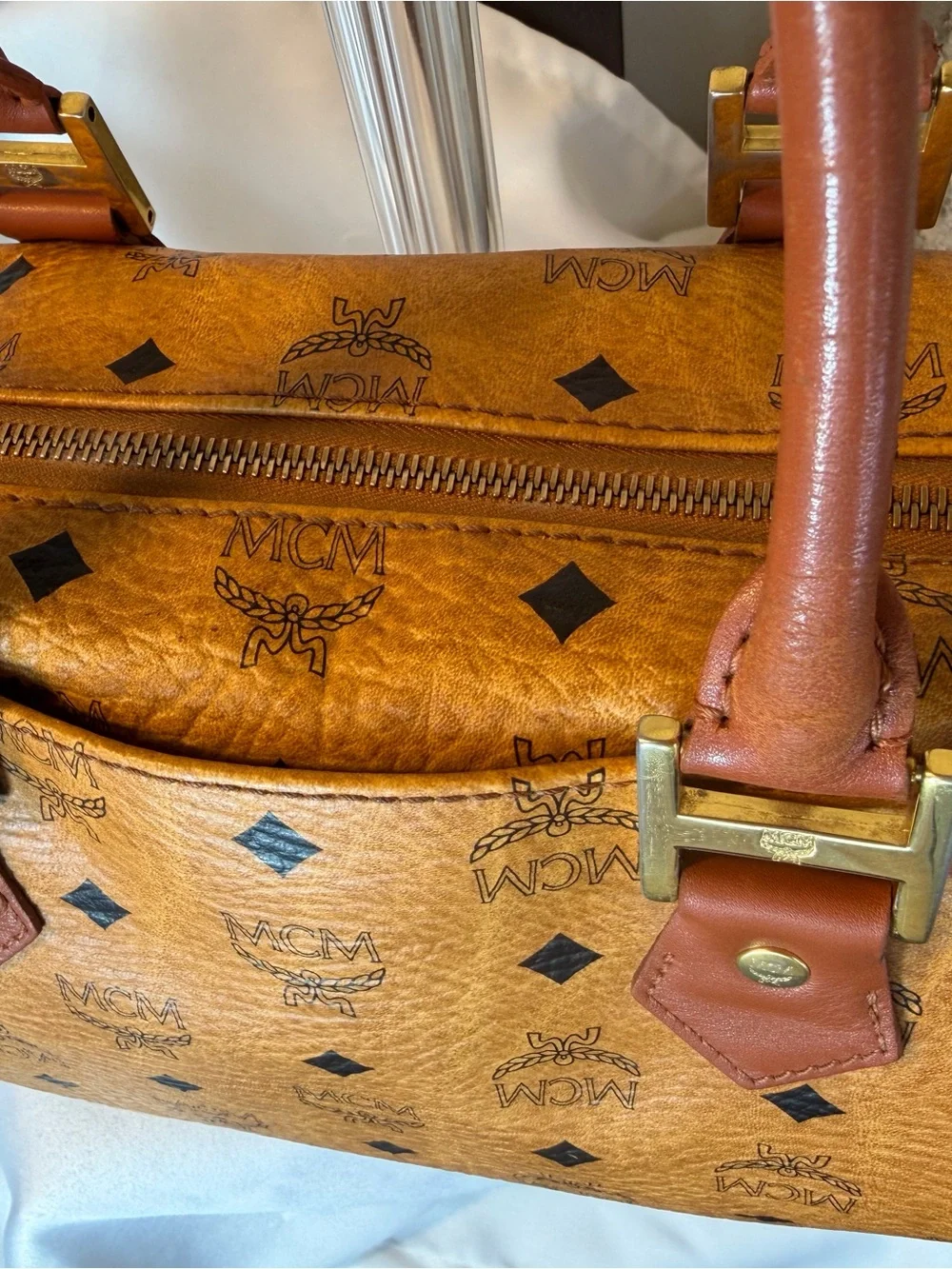 MCM Cognac Visetos Satchel with Tan Trim and Gold Hardware